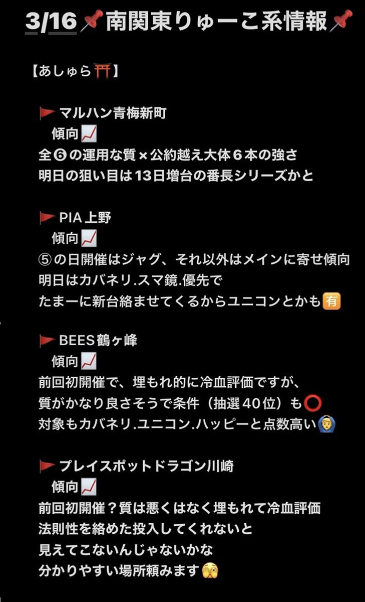 3/16
🐉りゅーこ取材ピック🐯
🎰将軍下赤塚
✍りゅーこ
🎰マルハン青梅新町
✍あしゅら
🎰PIA上野
✍あしゅら
明日のオススメは🈁🫵
