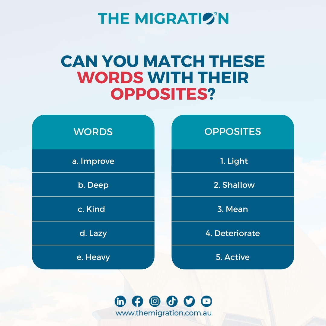 TheMigrationAU's tweet image. 🤔 Do you know the opposites of these words? Take this vocabulary challenge and test your skills.

Share your answers in the comments below.

#themigration #australia #immigrationlawyer #matchthewords #vocabularybuilding #easyenglish #newwords #wordchallenge