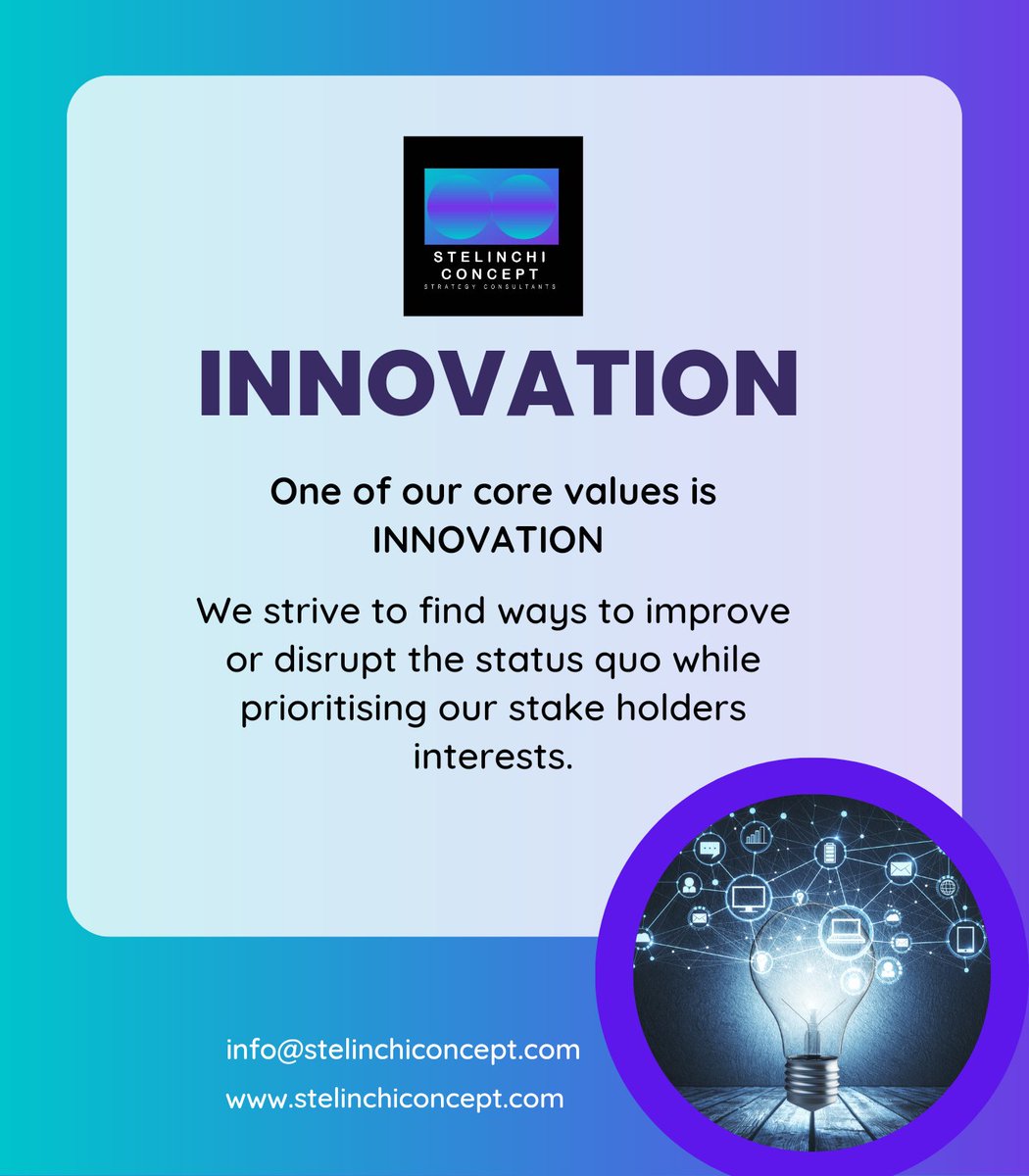 Innovation as one of our key values
#innovation #Stelinchiconceptstrategyconsultants #multiDisciplinaryResearch #masterstrategists #OurRiseIsUnstoppable #socialmediamarketing #administrativeassistant #Compliance #tenderwriting #graphicdesign #consultants #internationalstrategy