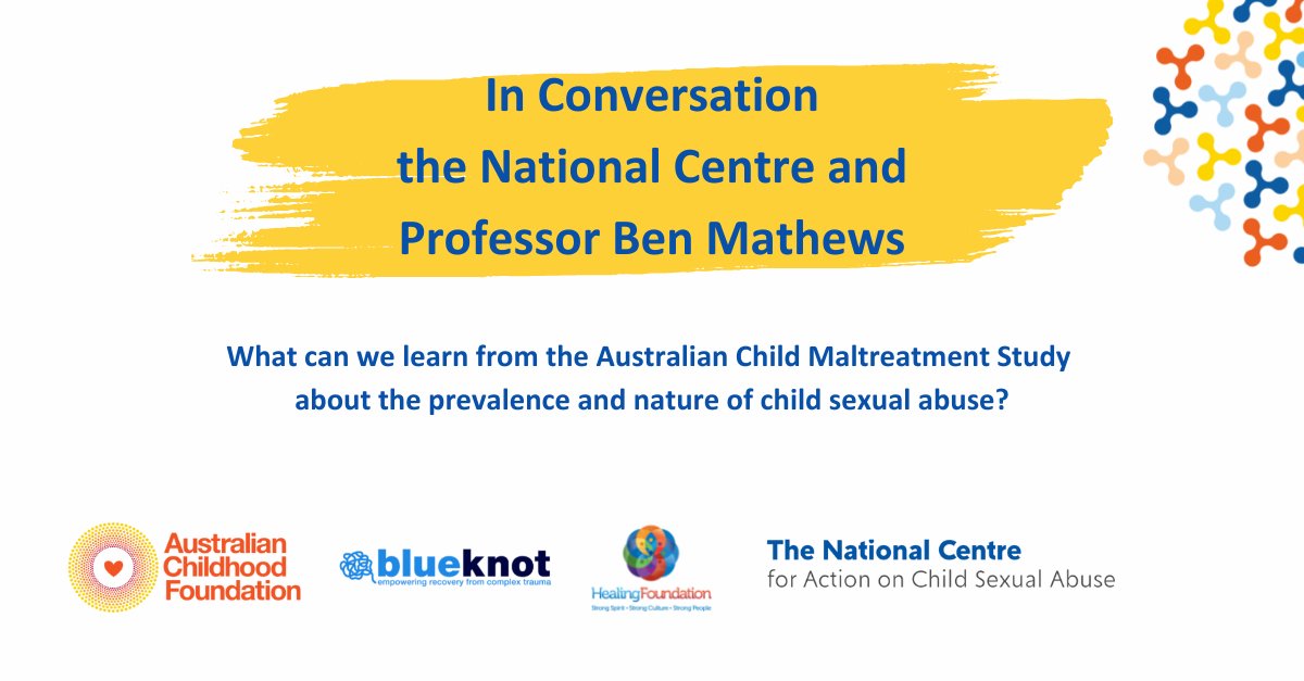 Join the National Centre on Thursday 20 April at 1pm AEST as we host the first in our In Conversation series with Professor Ben Mathews, Lead Investigator on the Australian Child Maltreatment Study and speakers from our founding orgs. Register here 👇events.humanitix.com/in-conversatio…