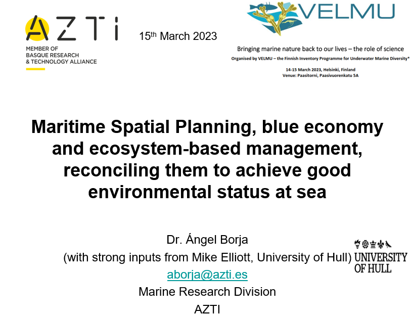 AngelBorjaYerro's tweet photo. This is my talk for today at #VELMU conference

Hope that we can have good discussions with Finnish colleagues (and other Baltic countries)

#blueeconomy #MSP #EBM https://t.co/cyav7JViRk