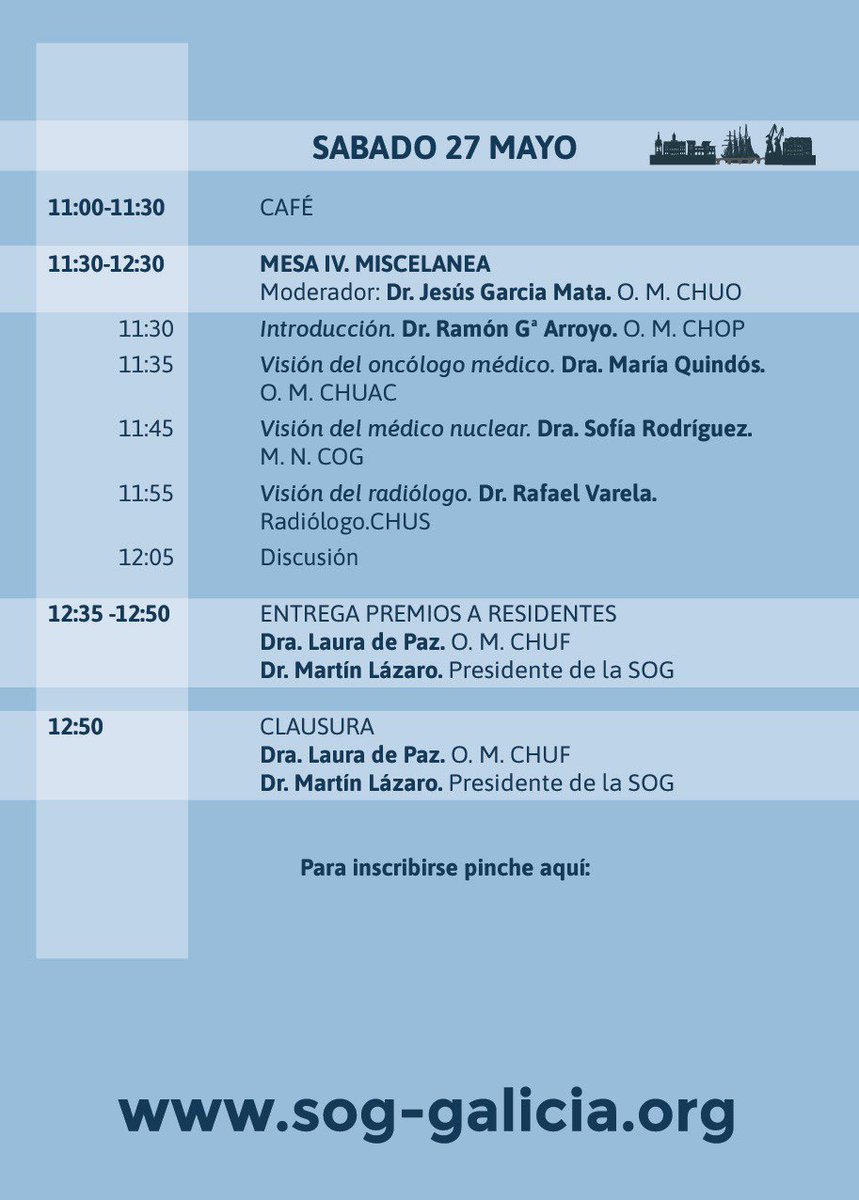 SOG_Galicia's tweet photo. En mayo (26 y 27) será la 34 Reunión Anual #SOG2023; se celebrará en Ferrol en la sede de @Afundacion_org.

Revisa aquí el programa y contacta para inscripción y hotel en congresos@oceano-azul.es .
#oncologia #Galicia

@LauraDePaz9 @afonsera1 #CHUF https://t.co/VDUI7eahGf