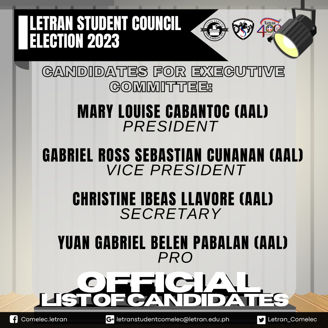 Letran_Comelec's tweet photo. OFFICIAL LIST OF CANDIDATES *

Attention, Letranites!

After carefully screening the COCs of our aspiring leaders, the official list of candidates for the Letran Student Elections 2023 is finally here!

Congratulations and good luck to all candidates! https://t.co/imqEm2ah3J