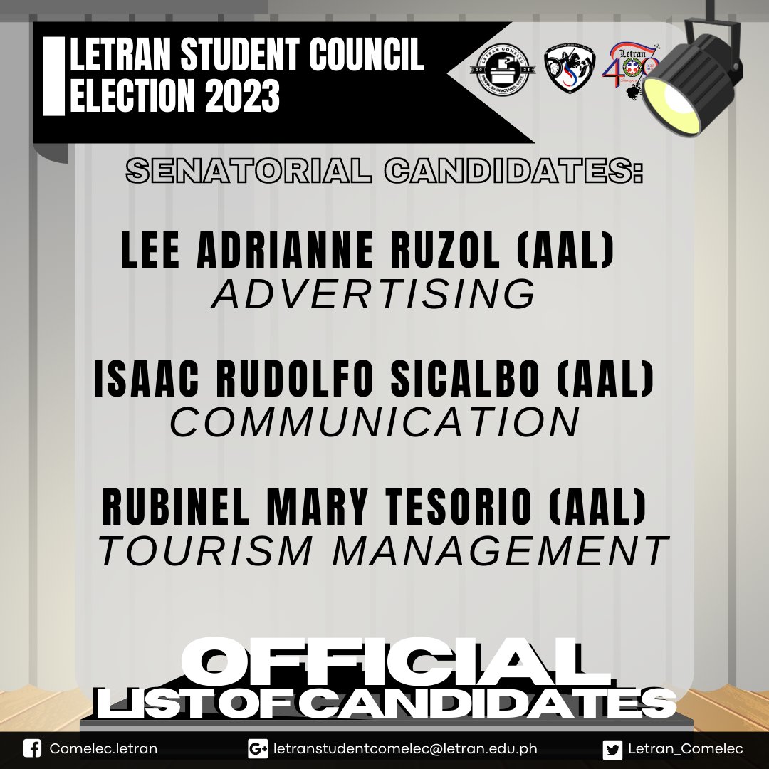 Letran_Comelec's tweet photo. OFFICIAL LIST OF CANDIDATES *

Attention, Letranites!

After carefully screening the COCs of our aspiring leaders, the official list of candidates for the Letran Student Elections 2023 is finally here!

Congratulations and good luck to all candidates! https://t.co/imqEm2ah3J