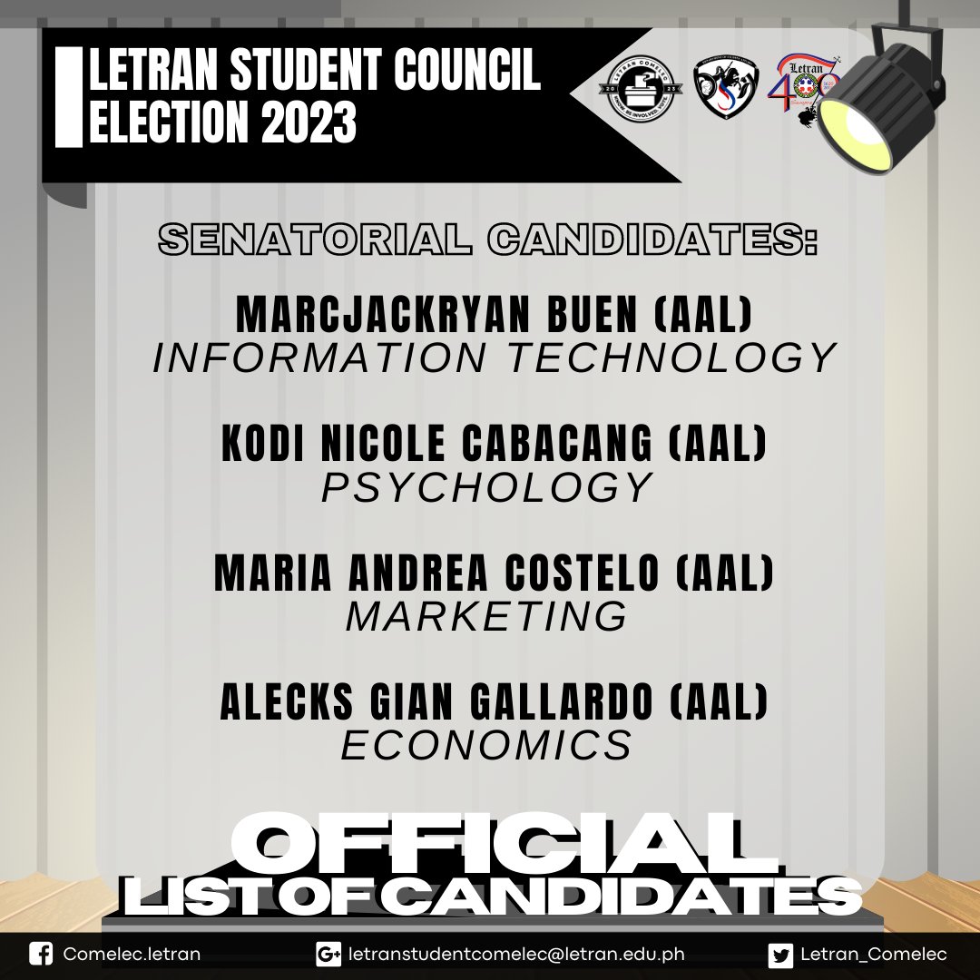 Letran_Comelec's tweet photo. OFFICIAL LIST OF CANDIDATES *

Attention, Letranites!

After carefully screening the COCs of our aspiring leaders, the official list of candidates for the Letran Student Elections 2023 is finally here!

Congratulations and good luck to all candidates! https://t.co/imqEm2ah3J