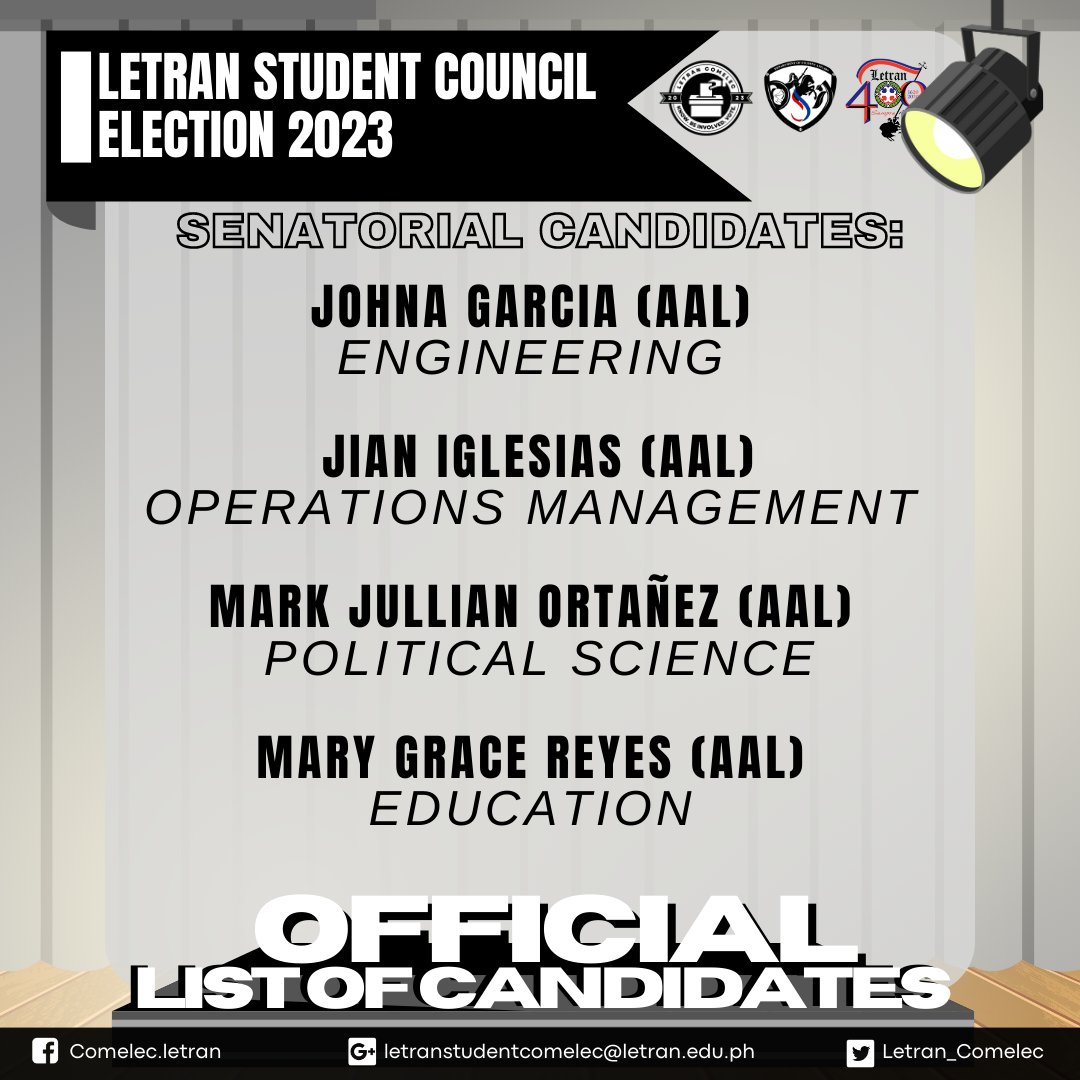Letran_Comelec's tweet photo. OFFICIAL LIST OF CANDIDATES *

Attention, Letranites!

After carefully screening the COCs of our aspiring leaders, the official list of candidates for the Letran Student Elections 2023 is finally here!

Congratulations and good luck to all candidates! https://t.co/imqEm2ah3J