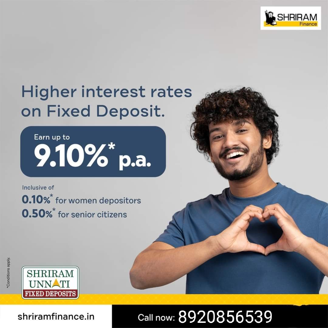 LamarWealth's tweet photo. It's never too late to earn high returns.
Book Shriram Unnati Fixed Deposit today and get up to 9.10%* p.a., inclusive of 0.50% interest for Senior Citizens and 0.10% for Women Depositors.
👉For more details Call Us ☎️8920856539

#ShriramFinance #lamarwealthsolutions #OneShriram https://t.co/gbxLbInSAW