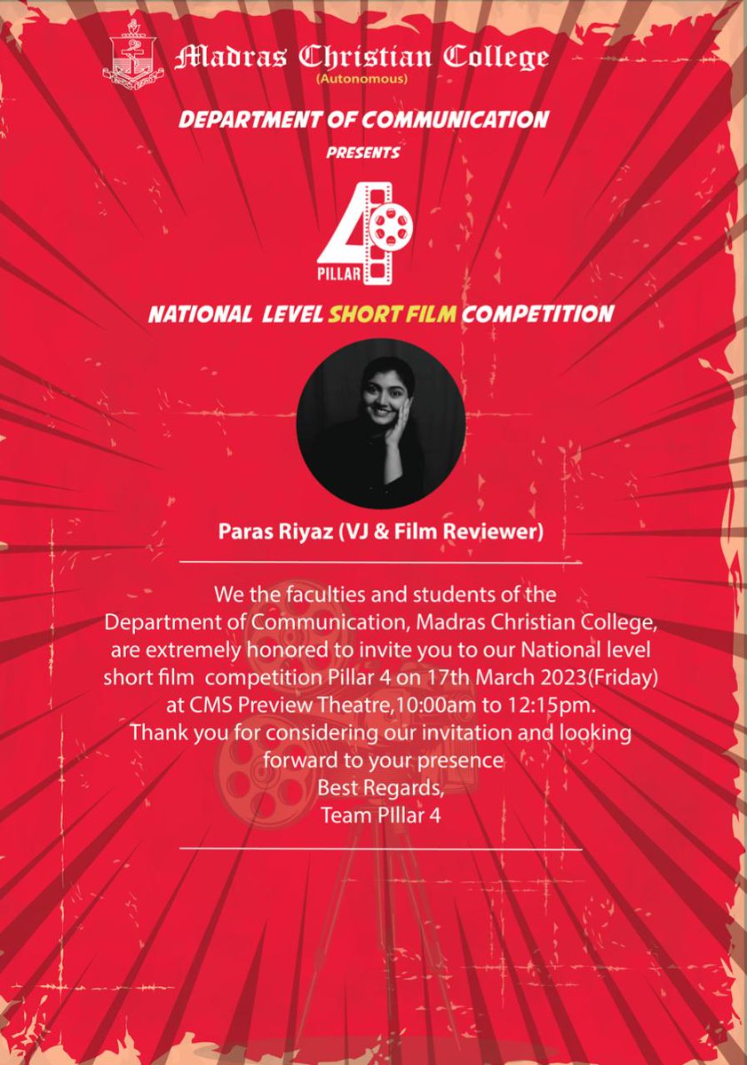 ParasRiazAhmed1's tweet photo. Thank you for the invite, MCC.
Looking Forward! 😊👍🏼
.
.
.
#MadrasChristianCollege #MCC
#DepartmentOfCommunication
#nationallevel #shortfilm #COMPETITION
#WednesdayMotivation #wednesdaythought
#Wednesdayvibe #selfimprovement
#PerkyParas #ParasRiyaz #VJParasRiyaz https://t.co/eO4xAI0Pz7