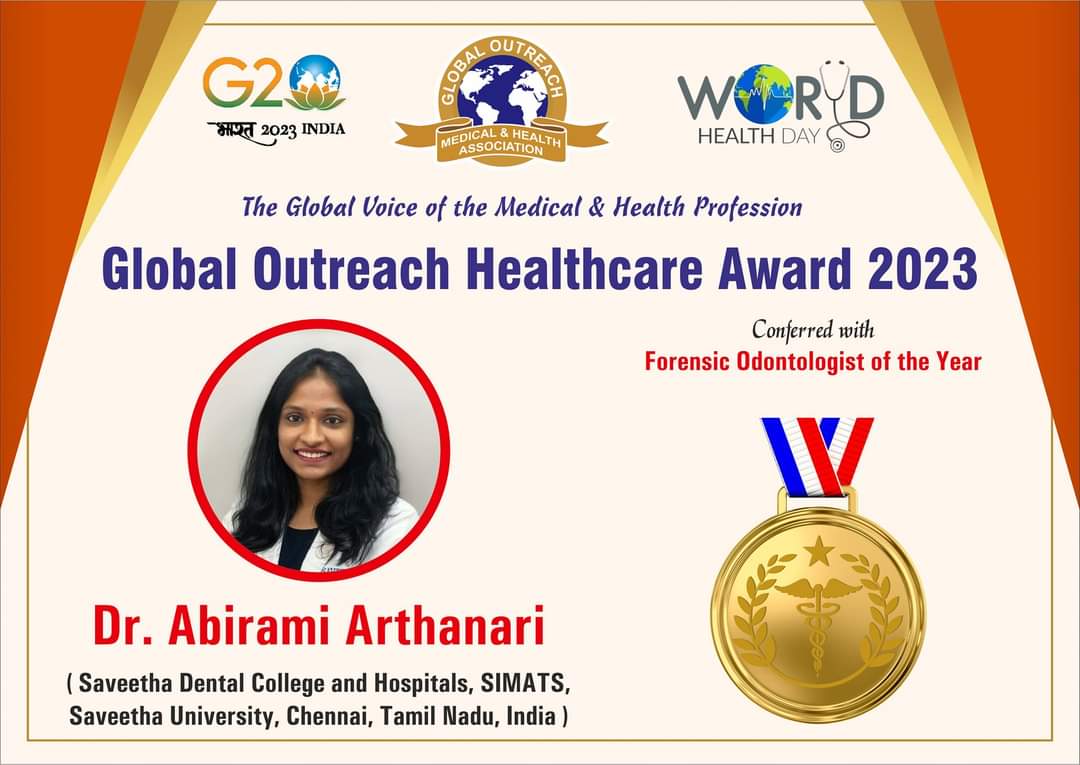 SdcForensic's tweet image. Dr. Abirami Arthanari received &quot;Forensic Odontologist of the Year&quot; 2023 from Global Outreach Healthcare Award 2023.
#sdcforensic #forensicodontology #forensicsdc #odontologistoftheyear