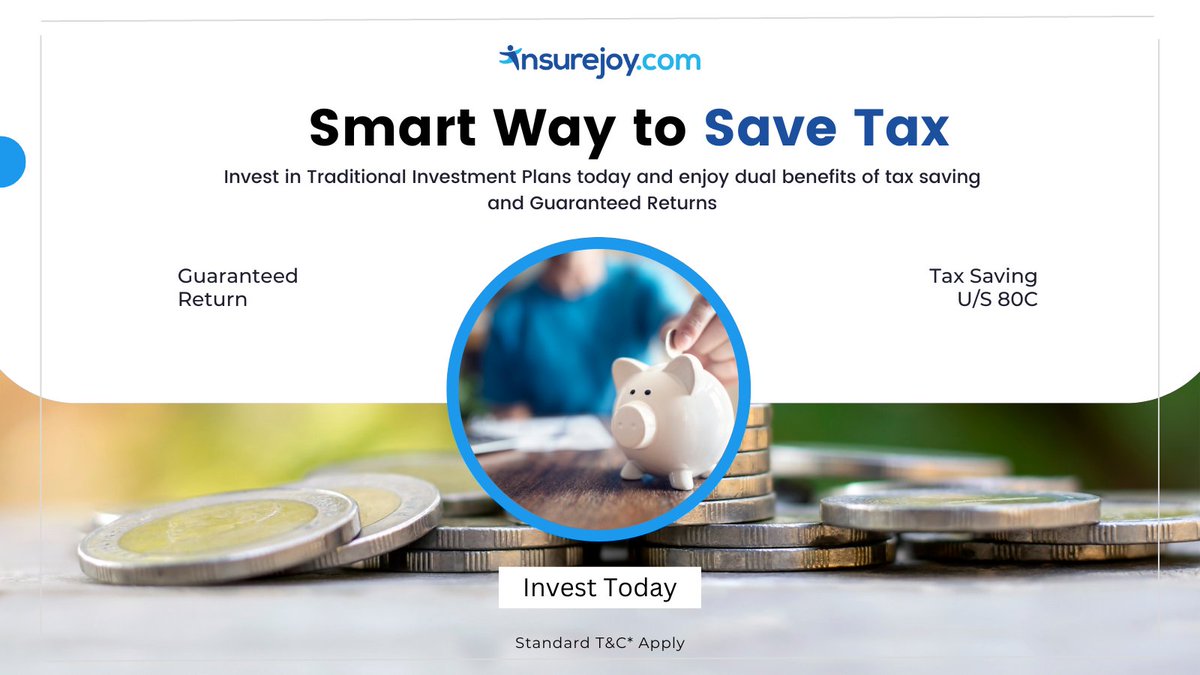 Invest in Traditional Investment Plans today and enjoy dual benefits of tax saving and guaranteed returns

Compare &amp; Invest: insurejoy.com/investment-pla…
.
.
.
#insurejoy #investment #savings #savetax #taxsavings #tax #lifeinsurance #investmentplans #GuaranteedReturns