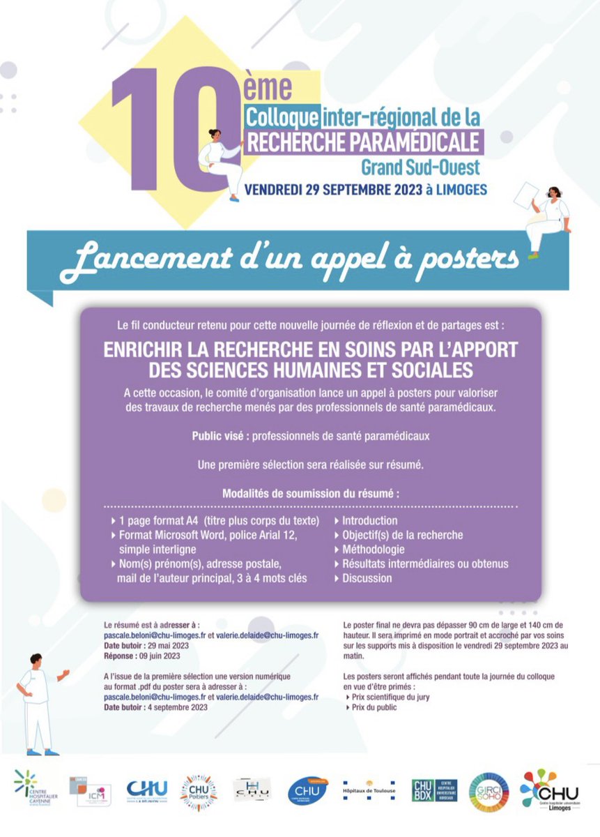 Jean Toniolo (@jean_toniolo_) on Twitter photo ‼️🚨 Le programme du 10ème Colloque inter-régional de #recherche #paramédicale est disponible 🚨‼️
💡 Appel à communication ouvert 📨envoyez vos résumés jusqu’au 29 Mai
<a href="/PascaleBeloni/">Pascale Beloni</a> 💡
🗓️ 29 Sept 23 - 📍#Limoges
#recherche #IDE #kine #diet #orthophoniste #ergo #manipradio ‼️🚨 Le programme du 10ème Colloque inter-régional de #recherche #paramédicale est disponible 🚨‼️
💡 Appel à communication ouvert 📨envoyez vos résumés jusqu’au 29 Mai
<a href="/PascaleBeloni/">Pascale Beloni</a> 💡
🗓️ 29 Sept 23 - 📍#Limoges
#recherche #IDE #kine #diet #orthophoniste #ergo #manipradio