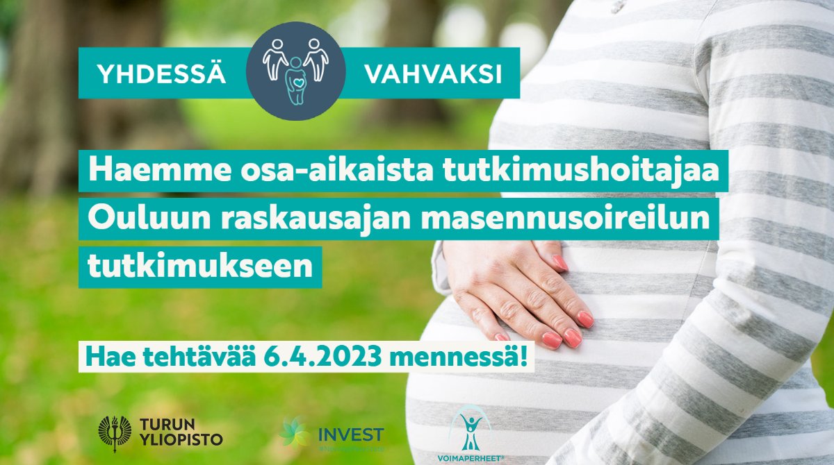 Haemme osa-aikaista tutkimushoitajaa Ouluun Yhdessä vahvaksi -hankkeeseen, jossa kartoitetaan raskauden ajan masennusoireilun yleisyyttä ja tutkitaan masennukseen kehitetyn hoito-ohjelman vaikuttavuutta. 

Lue lisää tehtävästä: tyomarkkinatori.fi/henkiloasiakka…