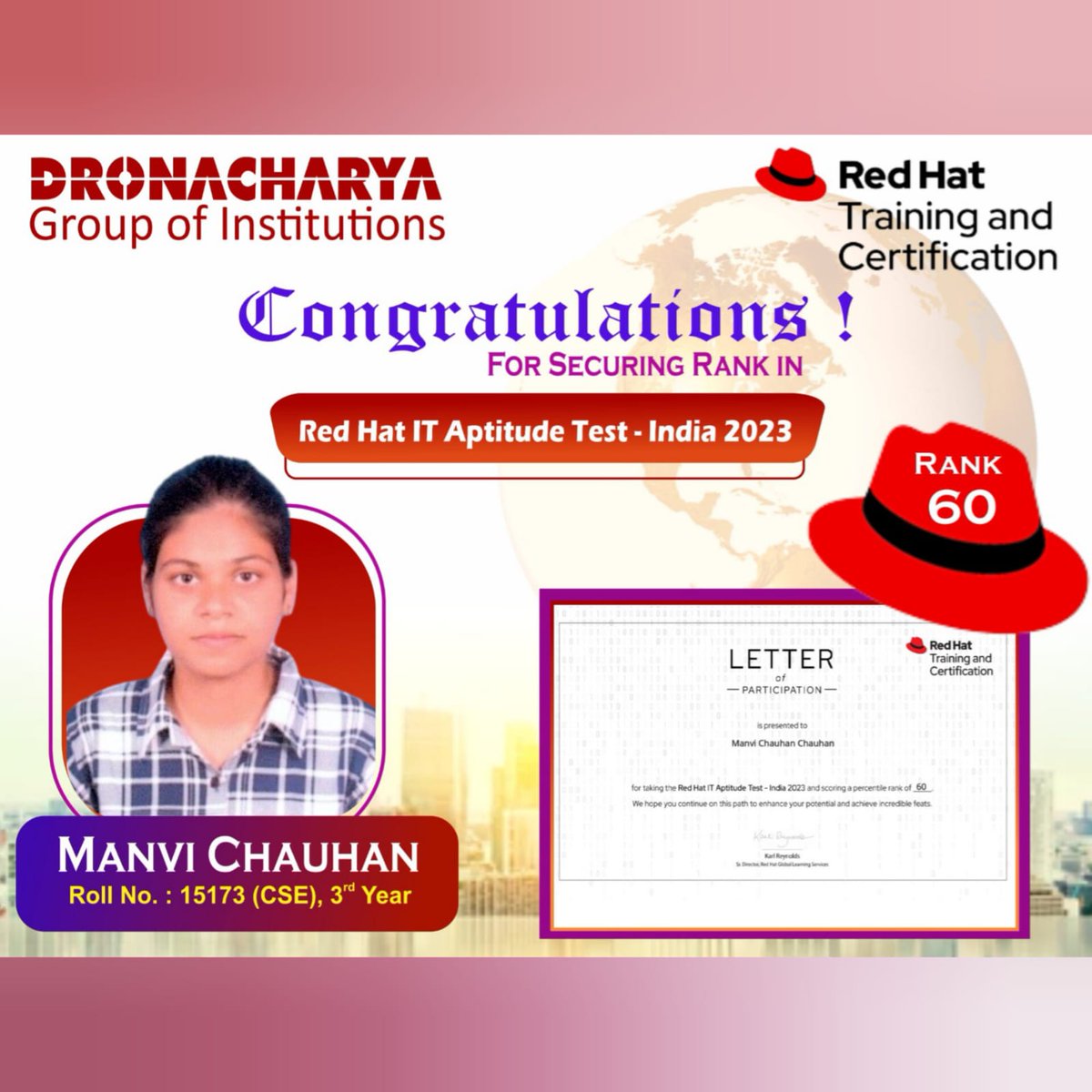 Congratulations to students of Dronacharya Group Of Institutions, Greater Noida for securing 60 rank in Red Hat IT Apptitude Test – India 2023.
We wish them the best of luck in all his future endeavors.
 #congratulations
#ITaptitude
#aptitudetest
#opportunities
#participation