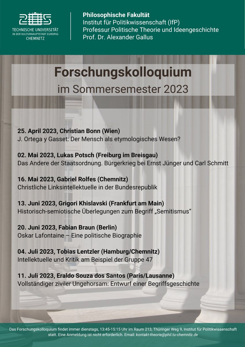 Intellectual History Chemnitz (@ih_tuchemnitz) on Twitter photo Herzliche Einladung zu den Vorträgen des Forschungskolloquiums der Professur im Sommersemester 2023 <a href="/TUChemnitz/">TU Chemnitz</a> Herzliche Einladung zu den Vorträgen des Forschungskolloquiums der Professur im Sommersemester 2023 <a href="/TUChemnitz/">TU Chemnitz</a>
