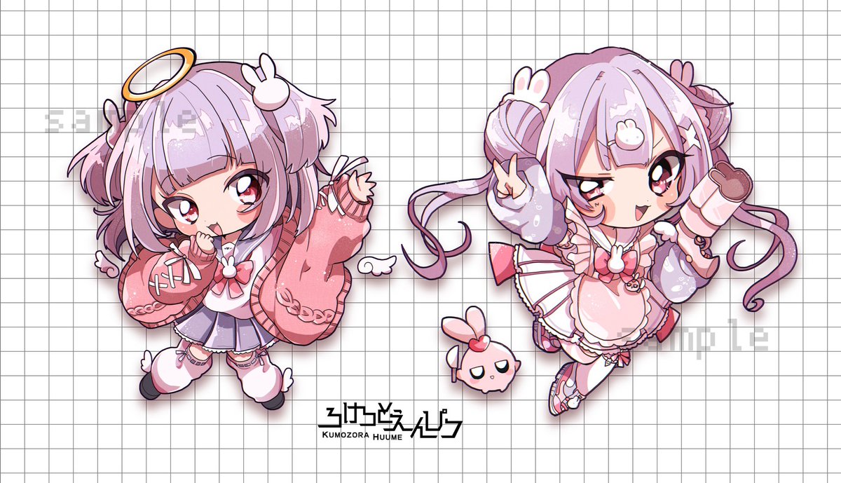 1girl chibi halo skirt rabbit hair ornament purple hair multiple views  illustration images