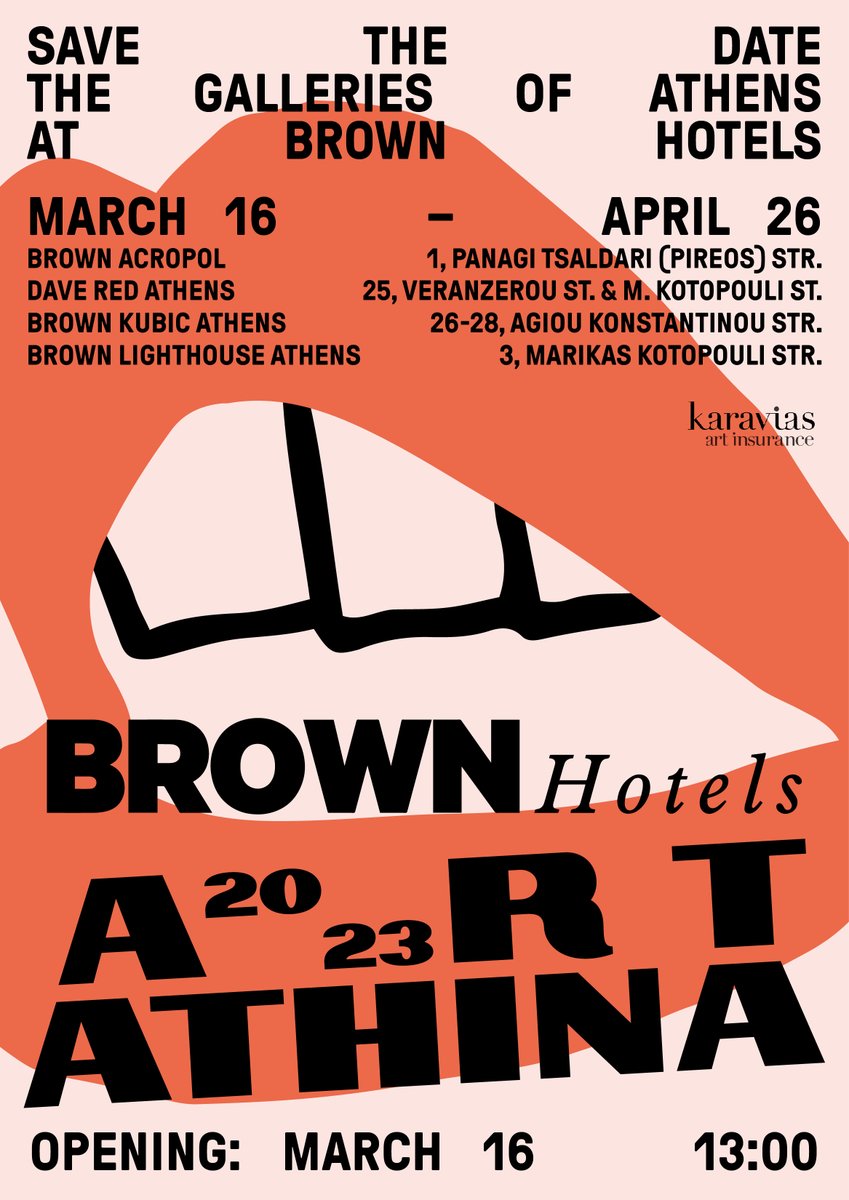 almagallery's tweet photo. Art Athina X Brown Hotels
Οι γκαλερί της Αθήνας σε μια εικαστική έκθεση στα Brown Ηotels|Εγκαίνια 16 Μαρτίου στις 13:00 |
Η τέχνη συναντά την φιλοξενία στα ξενοδοχεία της Brown Hotels στην Ομόνοια. Οι εκθέσεις θα έχουν διάρκεια από τις 16 Μαρτίου έως και τις 26 Απριλίου 2023. https://t.co/j001xqRDGp