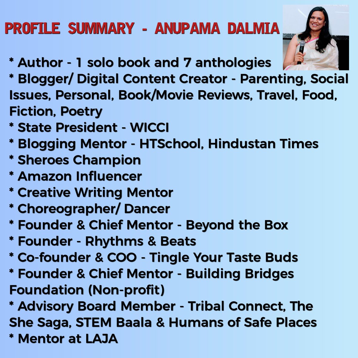 Anupama_Dalmia's tweet image. Because of late some folks here have asked me what all I do, sharing this and also pinning it - my work profile summary which I also send to platforms/brands during discussions/collaborations. It's helpful to use this instead of explaining it all.
#multitasker #workisfun