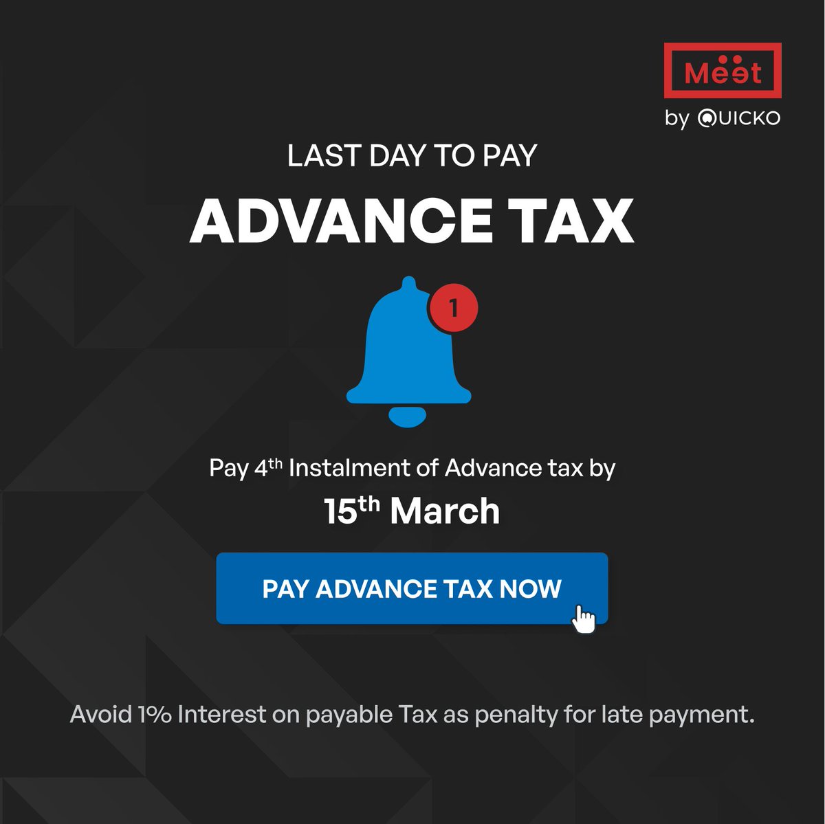 Quicko_official's tweet photo. The Financial Year is coming to an end...
But, before you bid adieu, do not forget pay your Advance Taxโ๏ธ
#advancetax #taxes #howtoquicko #meetbyquicko #finance #taxation #duedate #lastday https://t.co/WsrNlXXjWy