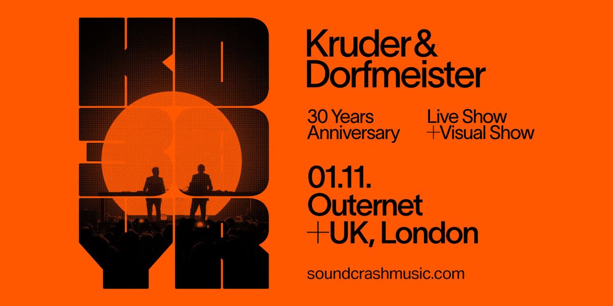 30 Years of Kruder and Dorfmeister.
 
Kruder &amp; Dorfmeister, the legendary electronic music production and DJ duo, are celebrating their 30th anniversary.
HERE at Outernet, 1st November 
Sign up for presale via; bit.ly/KD30years 
Tix on general sale Fri  17th March at 9am!