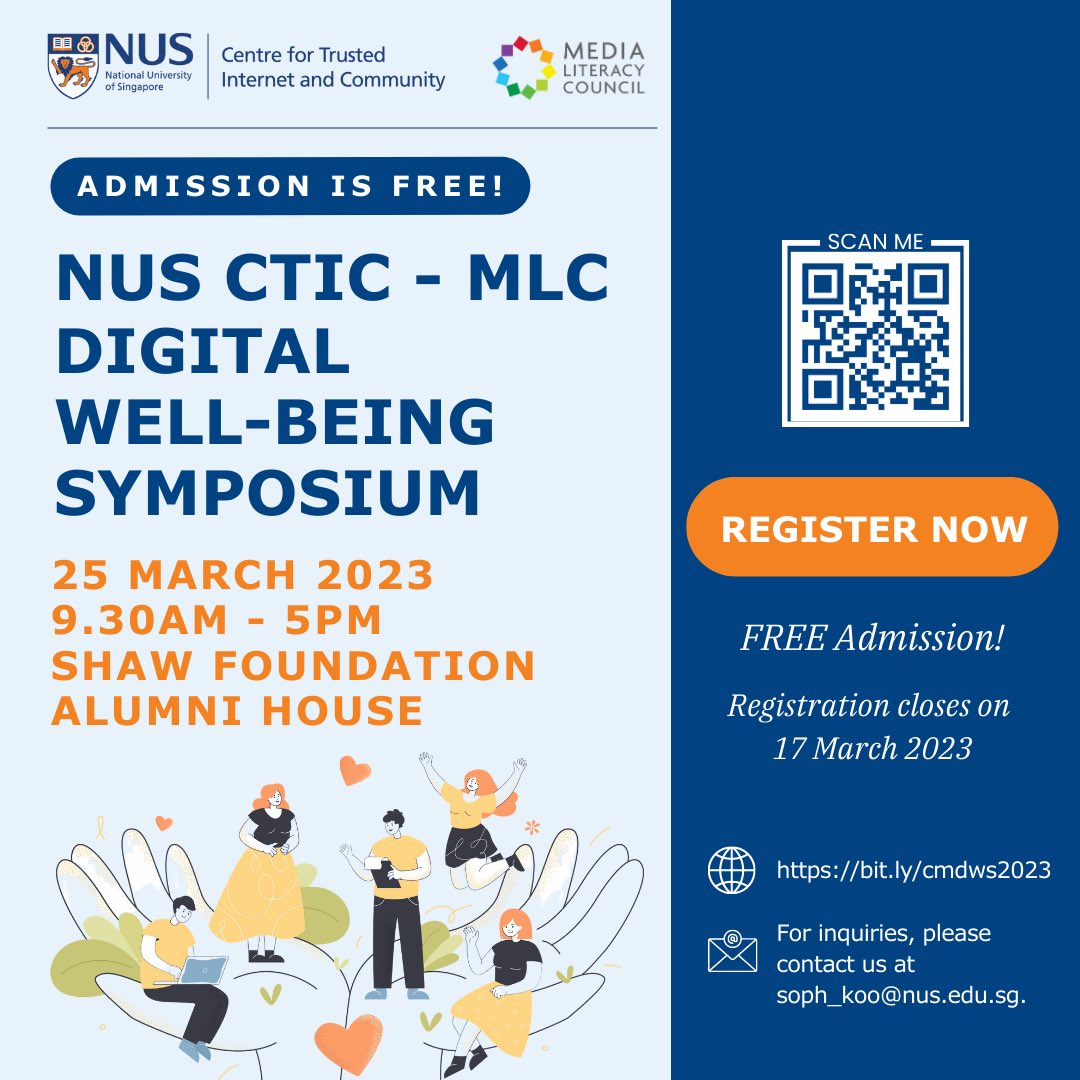 Hear from experts how you can improve your child’s digital well-being and attend parenting workshops to learn about your digital parenting style at the inaugural NUS CTIC - MLC Digital Well-being Symposium this 25 Mar. 

Admission is free! Register now at go.gov.sg/digitalwellbei…