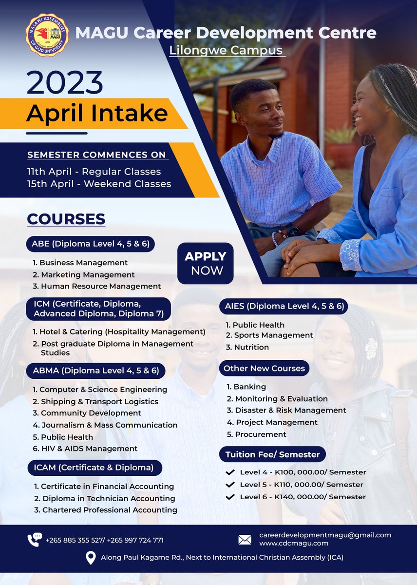 CdcMagu's tweet photo. APPLY NOW! come be part of our great community 🥳🔥 contact +265 88 535 5527 or +265 99 772 4771 for inquiries and to access our application form click on the link below 
#magucdc #magu #collegeadmissions #college #student #christiancommunity #malawi 

https://t.co/IcrAjOZk1i https://t.co/1q0eGCAhQ7
