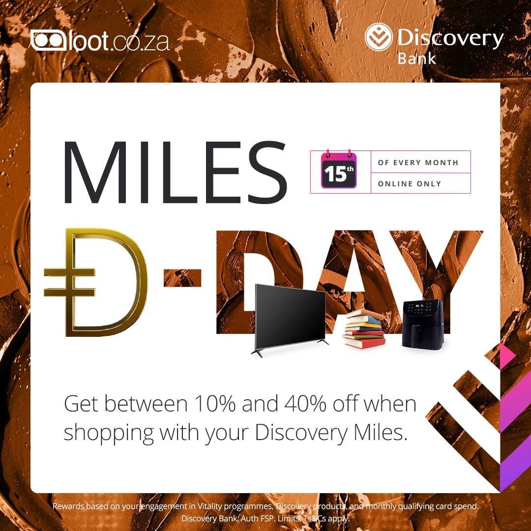 lootcoza's tweet photo. π Do some feel-good shopping this @Discovery_SA Miles D-Day πποΈ Select Discovery Miles as your payment method and save up to 40%. Find it, love it, buy it https://t.co/oIV0Rg5OII ππ #ShopOnlineToday #LootLoveMilesDDay #15OfEveryMonth https://t.co/hrVX0Y5BUE
