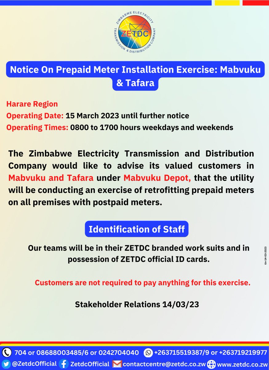 AsterXe_dex's tweet photo. #Alert 
#PrepaidMeterInstallationExercise #Mabvuku #Tafara 
#Harare residents in the mentioned areas kindly take note. ^tin 
@HeraldZimbabwe @ZimEye @KwayedzaZim @JojMan1 @VaMusasa @ZBCNewsonline @NewsDayZimbabwe https://t.co/sWkSpJBsCH