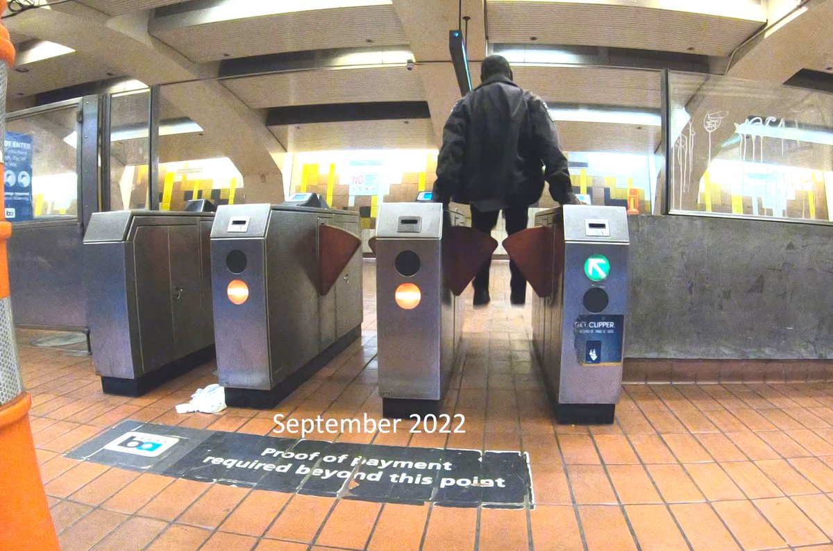 Bartfare's tweet photo. A frequent fare evader wearing a private security guard coat at the 24th St/Mission @SFBART station in San Francisco. #fareevader 055 056 057 https://t.co/lCbQnEGvJA