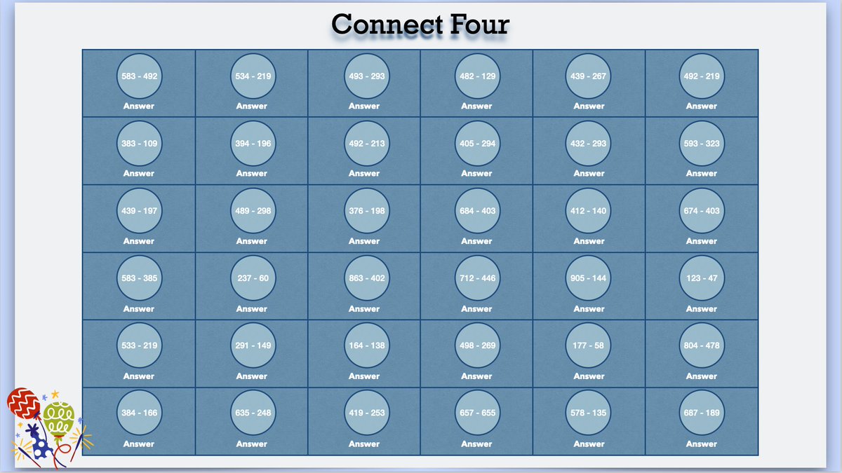 Donna Golightly (@donnagolightly1) on Twitter photo A #keynote Connect Four game for Ss to have fun together practising their subtraction strategies 😊
Conditional formatting gives them instant feedback - who can get 4 in a row first?
How might you change the rules?
<a href="/AppleEDU/">Apple Education</a> #edtech #maths
drive.google.com/file/d/1-1zWdI… A #keynote Connect Four game for Ss to have fun together practising their subtraction strategies 😊
Conditional formatting gives them instant feedback - who can get 4 in a row first?
How might you change the rules?
<a href="/AppleEDU/">Apple Education</a> #edtech #maths
drive.google.com/file/d/1-1zWdI…