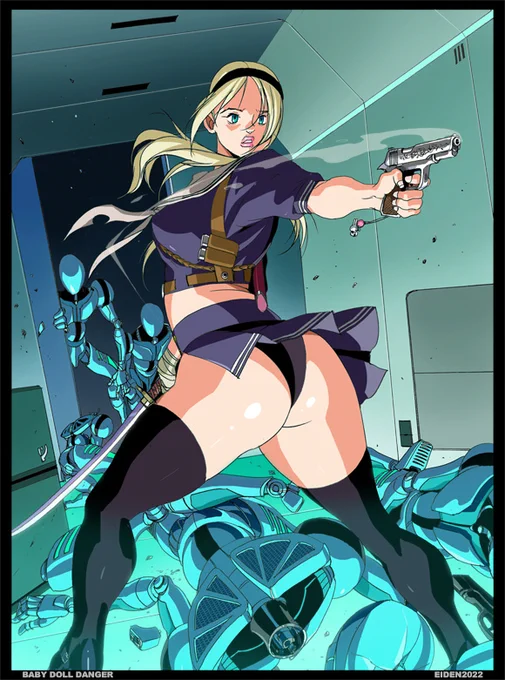 ベイビードールの尻を狙うロボット兵達。「もう、何なのッ!」Robot soldiers aiming at Baby Doll's buttocks.「Oh, my God what the hell!」 