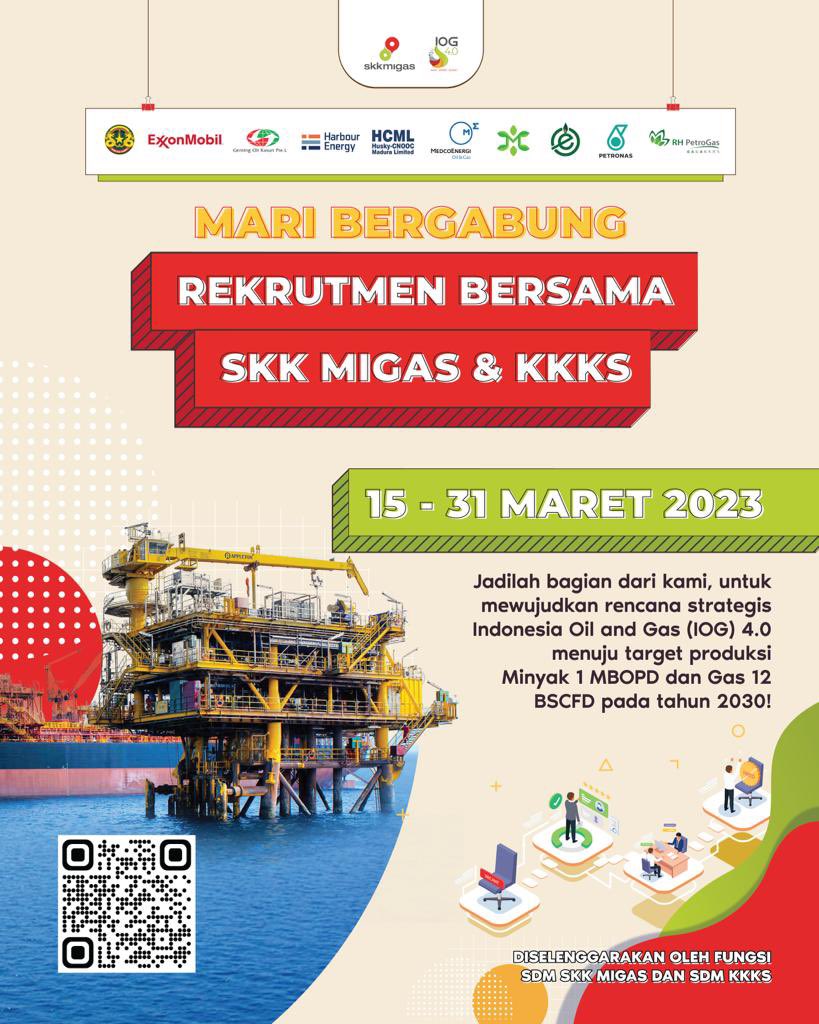 Hai, Sobat Migas 

Bergabunglah bersama kami menjadi bagian dari tim yg akan mewujudkan rencana strategis Indonesia Oil and Gas (IOG) 4.0 u/ mencapai target produksi minyak sebesar 1 MBOPD &amp; gas sebesar 12 BSCFD pada tahun 2030 melalui Program rekrutmen bersama SKK Migas &amp; KKKS.