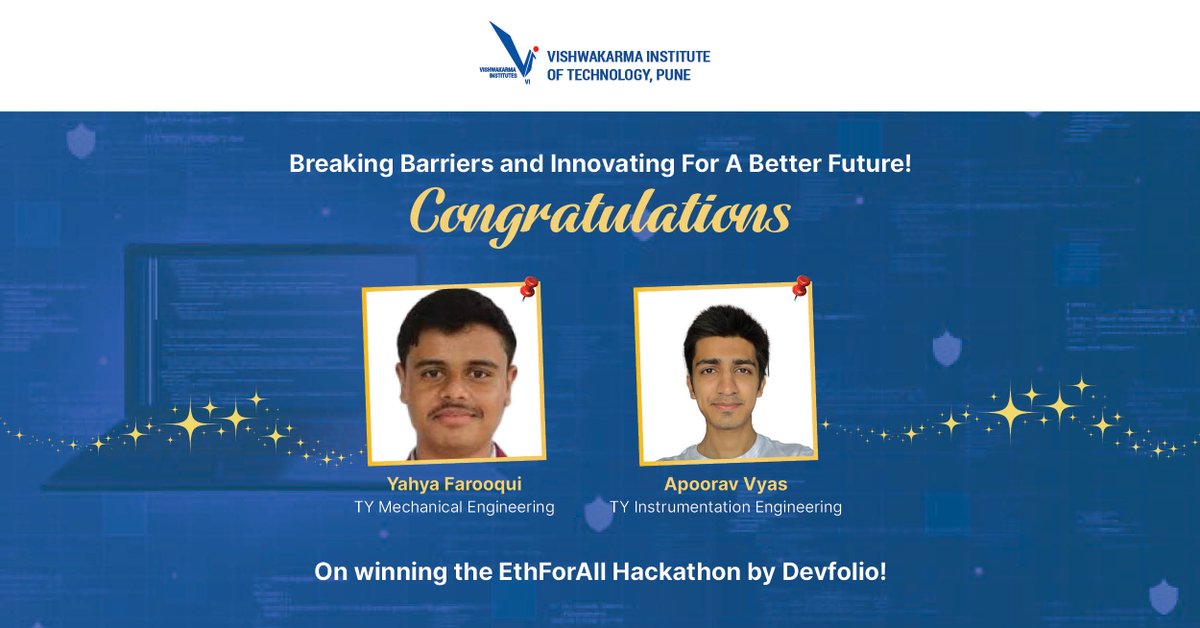 vit_college's tweet photo. Congratulations to Yahya Farooqui and Apoorav Vyas for winning the EthForAll Hackathon organized by Devfolio!
#EthForAll #HackathonWinners #Devfolio #VIT #MechanicalEngineering #ProudMoment #Congratulations #vitpune #engineering #engineeringinstitute #enginneringstudent https://t.co/bS25ovqQ3v