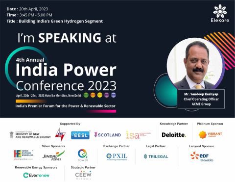 Can't miss the exciting session on "Building India's Green Hydrogen" at #IndiaPowerConference2023. Hear from industry stalwarts representing <a href="/sandeep42445753/">Sandeep Kashyap</a> <a href="/ACMEGroup_India/">ACME Group</a> #IPC2023 #ElekoreIndiaPowerConference #renewable #technology #engineering #greenhydrogen #greenammonia
