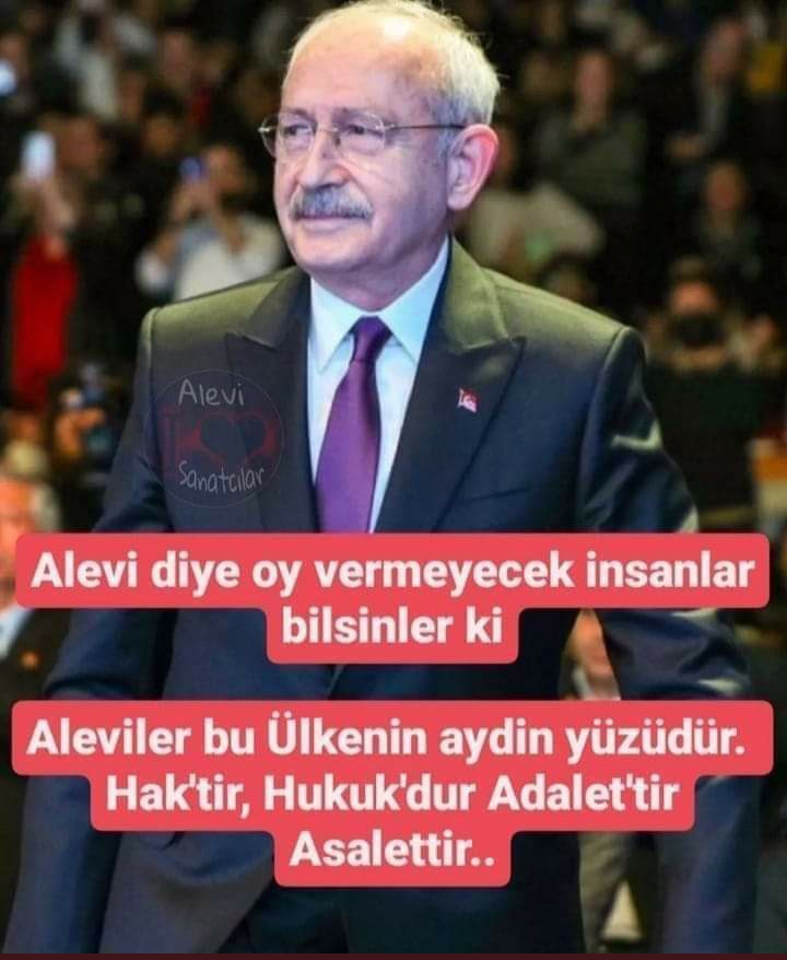 Aleviyim
Alevi Olduğum İçinde Gurur Duyuyorum

Siz Bu Zamana Kadar Hiç Duydunuz mu?
Aleviler Canı İncittigini 
Duymadınız
Çünkü
Aleviler Bir Karıncayı Bile İncitmezler

Aleviler Bu Ülkenin Aydınlık Yüzüdür
Haktır Hukukdur Adalettir Asalettir
#BenimOyumMİLLETe Yani 
Bay Kemal 'a🧿