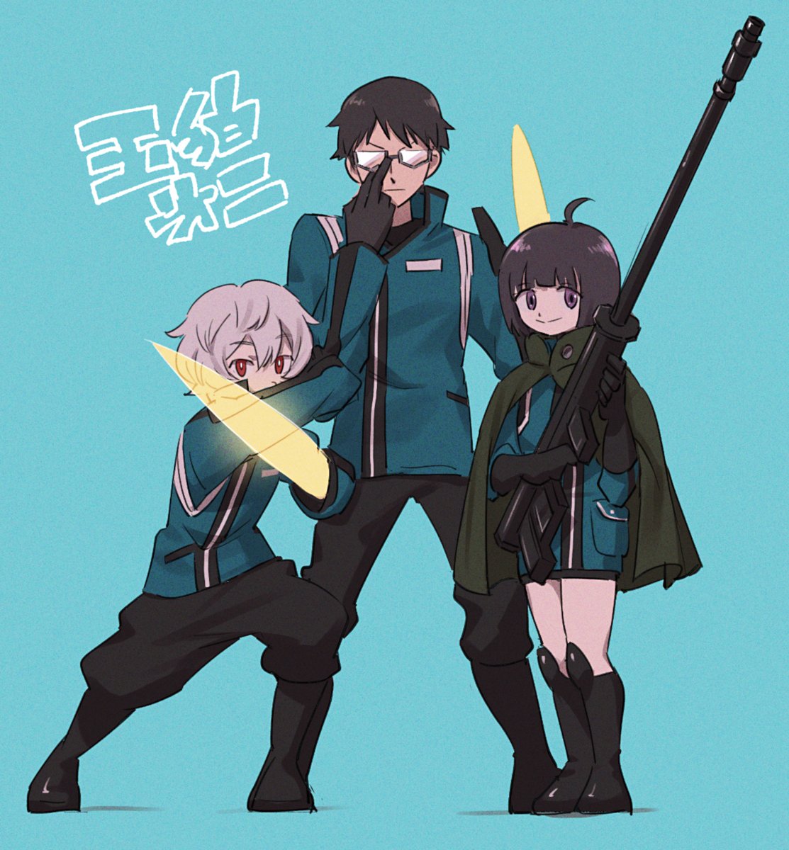1girl weapon black footwear pants tucked in multiple boys bangs holding weapon  illustration images