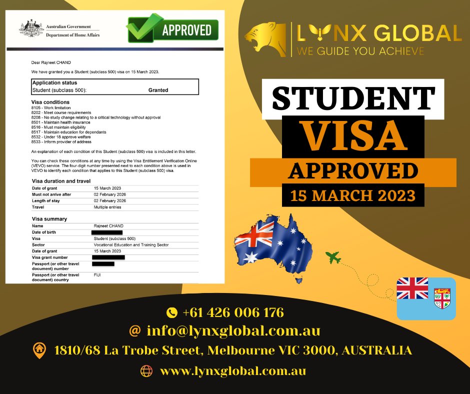 lynxglobal_au's tweet image. 🕺 LYNX Global Success Stories 🕺
.
We are excited to share that our client has been granted a student visa 👏👏 We wish you all the best in your future endeavours.
✨Congratulations to our client "Rajneet CHAND."✨
#studentvisa #visa #visagrant #ifijivisa #lynxglobal