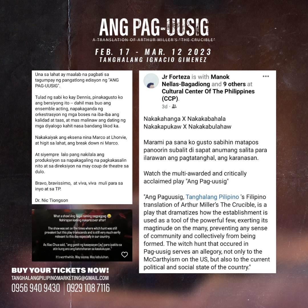 tanghalangPH's tweet photo. “Outstanding show!”
“Nakakanginig laman talaga ang mga eksena.”
“Such a powerful show!”

#PAGUUSIG2023
#AngPagUusig
#MulingPaghatol
#UtakPusoBayan
#CCPBlackBoxTheater
#PaguusigReactions https://t.co/RpZWgqHfO8