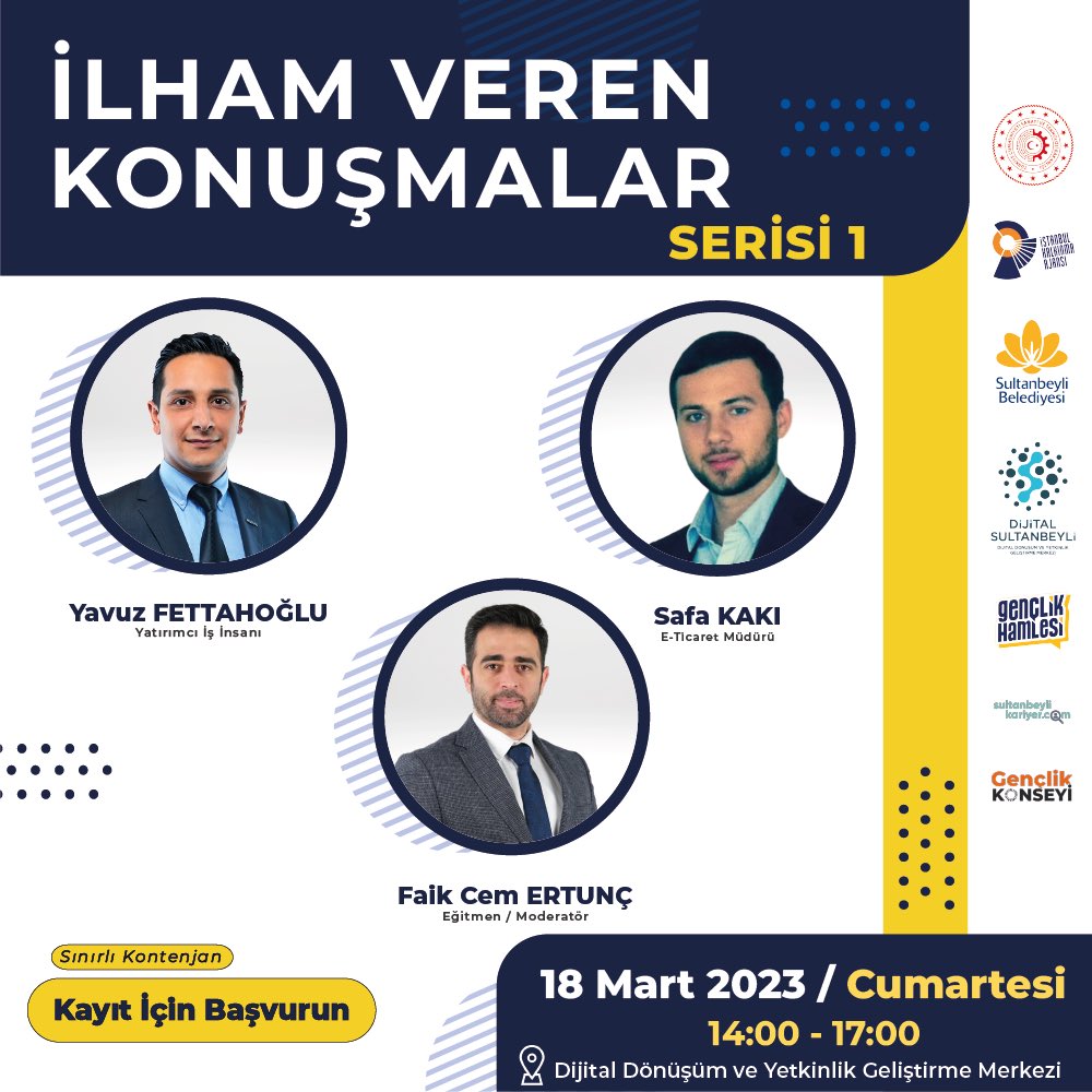 dijitalsb's tweet photo. İlham Veren Konuşmalar Serisinin ilki, 18 Mart Cumartesi günü Sultanbeyli Dijital Dönüşüm ve Yetkinlik Geliştirme Merkezi’nde gerçekleşecektir.

Kontenjan sınırlıdır, başvuru için;
https://t.co/L5ABt5XQrr https://t.co/ccFKIdTTiQ