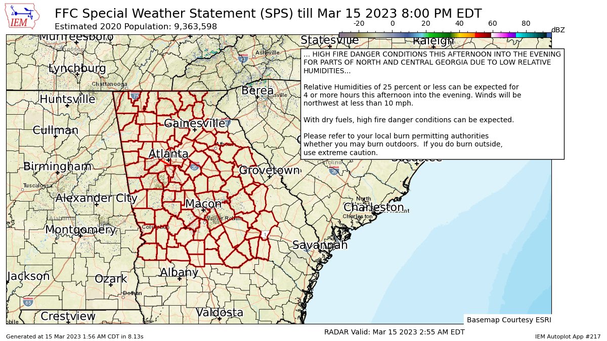 HIGH FIRE DANGER CONDITIONS THIS AFTERNOON INTO THE EVENING FOR PARTS OF NORTH AND CENTRAL GEORGIA DUE TO LOW RELATIVE HUMIDITIES for 97 forecast zones in [GA] till 8:00 PM EDT https://t.co/8D2kK6ZreO https://t.co/QquLZGgPuz