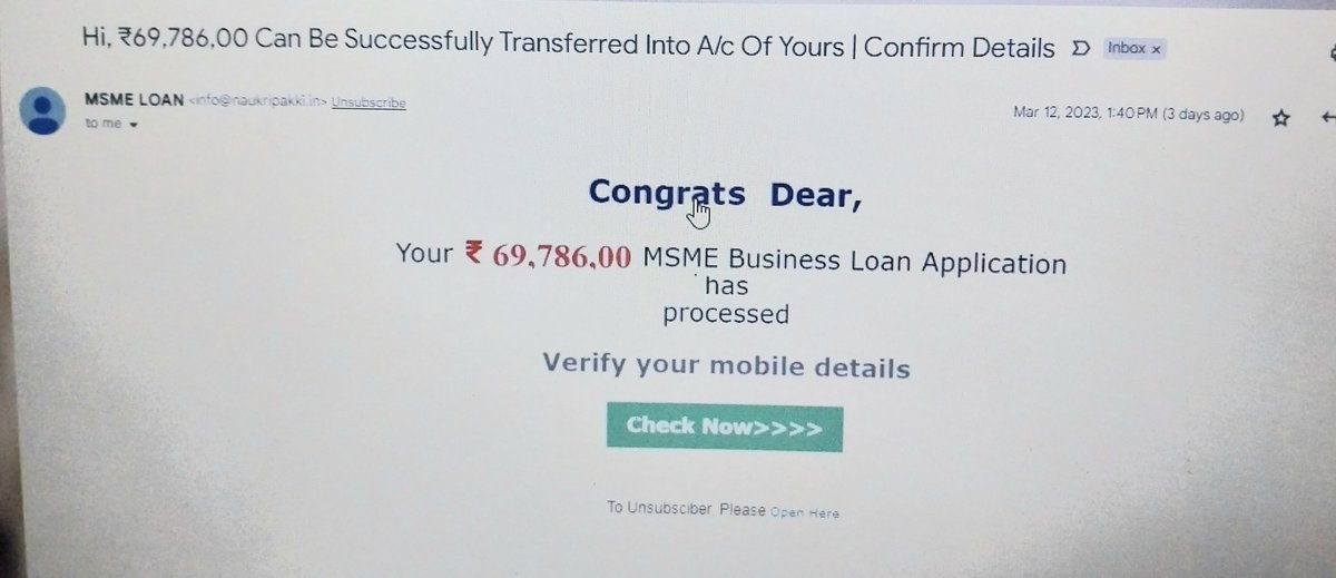 Nahi chahiye yaar!

Already bohot paise hai.

The red flags
*Inconsistent font (congrats)
*Grammar errors( has processed, unsubsciber)

#fraud 
#mailscam
#loanscam
