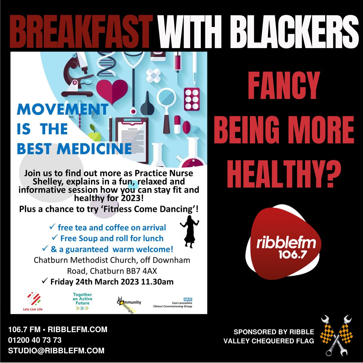 ribblefm's tweet photo. Morning from @markblackman on the #RibbleValley #BreakfastShow here from 7-10! Great music and local news all coming up and how about this in #Chatburn next week? #FitnessComeDancing is the name of the event, and if you're single like Blackers you may even meet that special one!x https://t.co/AzoVVgZQGE