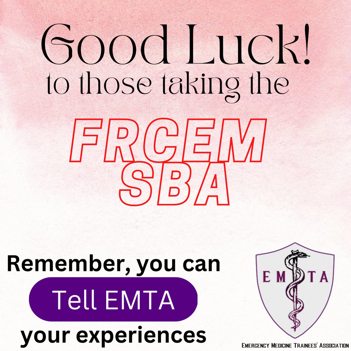 EMTAcommittee's tweet photo. Good luck to all those taking the FRCEM SBA today. 

Remember, alongside the College, you can also #TellEMTA your views on the examination, which we feed to the exams group. 

Click here to Tell EMTA:
https://t.co/IsPIIi2b5d https://t.co/KWNOyLBTsI