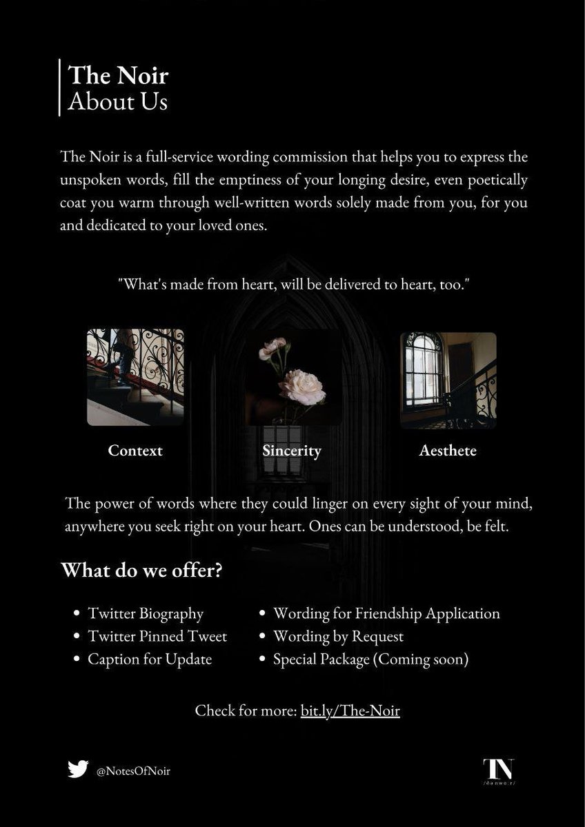 NotesfromNoir's tweet photo. HELP RT? Thank you!

Salutations. We are The Noir, your most reliable wording services. We create biographies, pinned tweets, even custom orders such as letters and storylines to your every heart's desire. Do pay us a visit. 🤍

#zonaba #zonauang https://t.co/JGLBYfF9OU