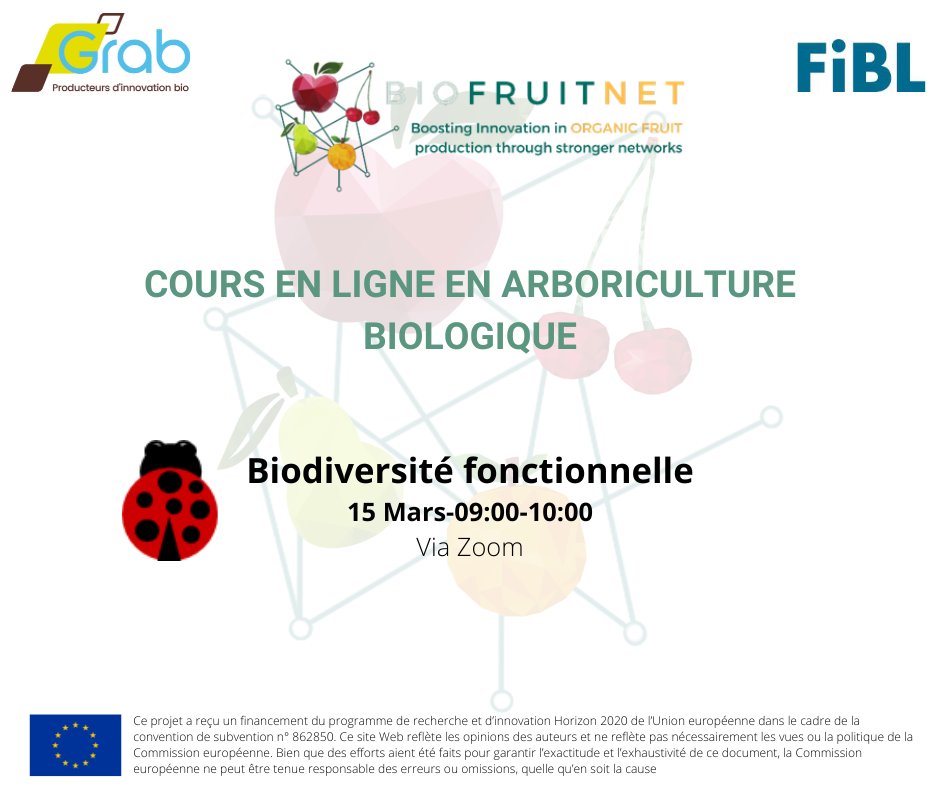 biofruitnet's tweet photo. Third day of the BIOFRUITNET e-courses in French!
Today: Functional biodiversity 15.03.2023, 09:00-10:00
Register: https://t.co/BloMLxXgaQ
Information: https://t.co/ubkSEBws89
#AgriFood #Innovation #OrganicFruit #PrimaryProducers #Bioeconomy #emergingpests #preventivemeasures https://t.co/lCS21XHYwY
