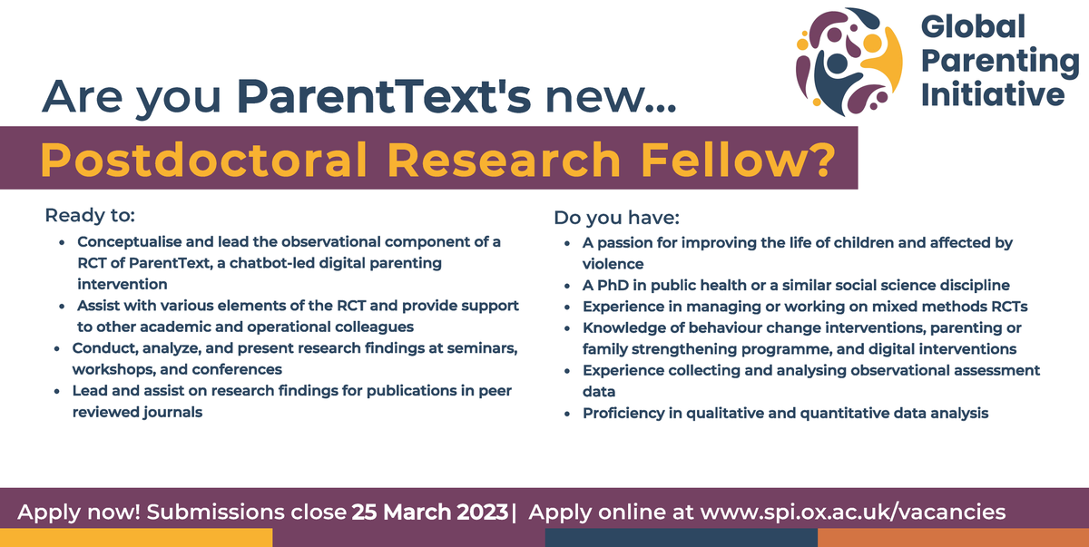 GPI_Parenting's tweet photo. 10 days to go: #Postdoctoral #Fellowship! Come work at @UCT_news on a formative evaluation and mixed methods RCT for #ParentText!
Closing date: 25 March 2023
More details at: https://t.co/3wy5pZXW2v
#ResearchJobs #Hiring #JobOpportunity #PhDjobs
@JamieLachman @DSPI_Oxford https://t.co/sVNF578esj