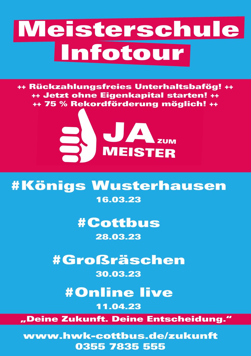 HWKCottbus's tweet photo. Wir bieten die Möglichkeit sich via Infoabenden dem Thema MEISTERSCHULE zu nähern💥
Wir freuen uns auf Sie! 
🎯03557835555 | https://t.co/kPnQ3aegG1 
#meisterschule #meisterkurs #meister #handwerksmeister https://t.co/FRwkySM4WZ