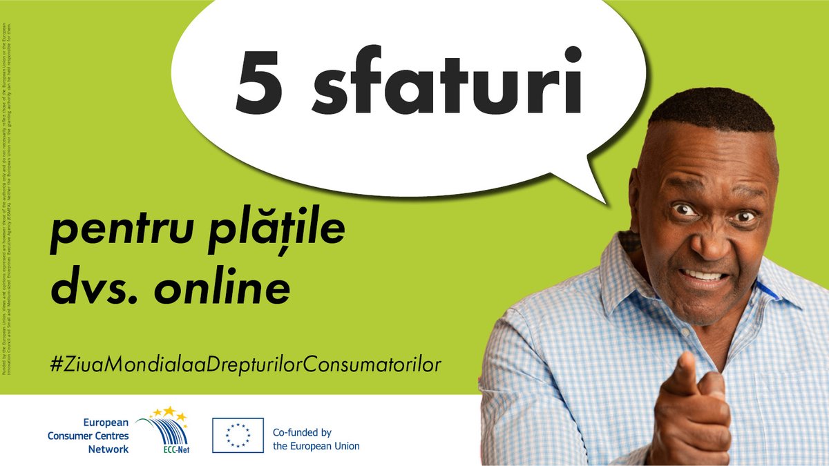Astăzi sărbătorim #ZiuaMondialaaDrepturilorConsumatorilor! 🥳
Pentru a deveni consumatori și mai informați decât sunteți deja, iată 5 sfaturi pentru următoarele plăți online. 📱🫰
Portofelul dvs. le va iubi!😉👛
#ECCNet