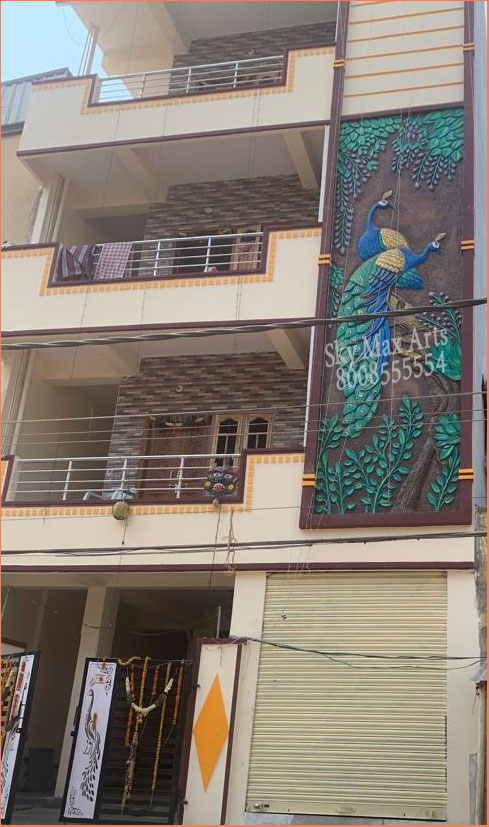 SKYMAXARTS1's tweet photo. House Front Elevation Peacock Mural Design at Balkampet
 SR Nagar 
#housefrontelevationpeacocknmuraldesign 
#peacockwallmurals 
#elevationwallmuraldesign 
#cementdesign #walltexture #wallmurals
#frp #fiberglass #homedecor #muralart 
#wallputty #wallart #texturedesign #building. https://t.co/ASLcWbWZKL