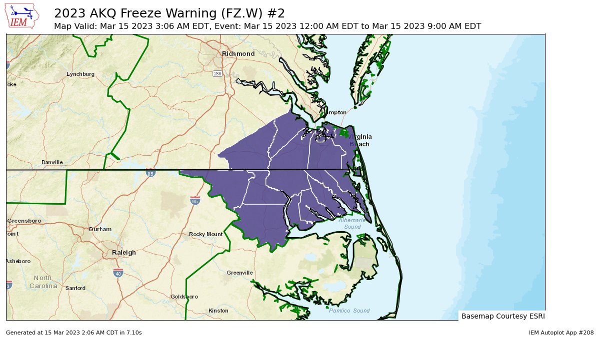Williamsburg, VA, US on Twitter "March 15, 2023 at 0306AMAKQ continues Freeze Warning for
