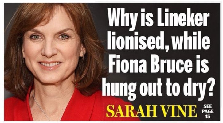 aartstu's tweet photo. It's very easy, Sarah Vine. Gary Lineker was protesting about an injustice; Fiona Bruce was mitigating the actions of an abuser. Clear enough? https://t.co/hINW3YC6RP